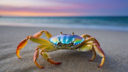 A vibrant crab on the beach with a colorful sunset in the background.