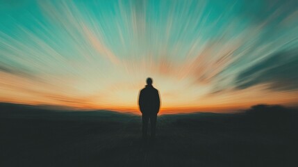 Facing my Faith. Man walking in the middle of the field at sunset, panorama.