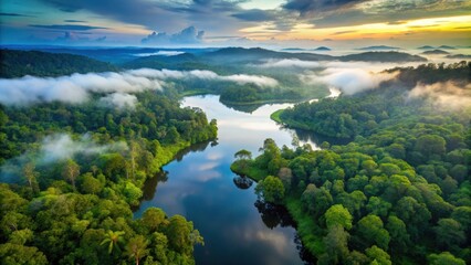 Naklejka premium Aerial view of misty rainforest lakes resembling world continents in dense jungle vegetation in late evening light
