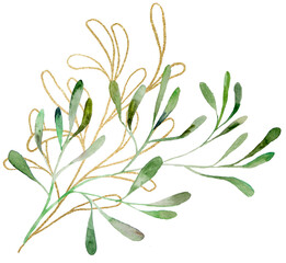 Watercolor green and golden tiny leaves isolated illustration, wedding stationery element