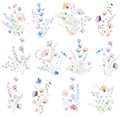 Bouquets made with watercolor pastel wild flowers and leaves,  hand drawn wedding illustration