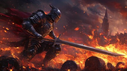A fierce knight in armor stands amidst flames, wielding a sword in a dramatic battle scene, evoking themes of courage and valor.
