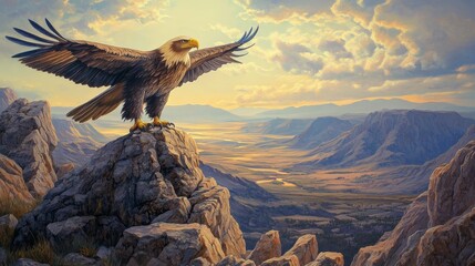 Obraz premium A majestic eagle spreads its wings atop a rocky mountain, overlooking a breathtaking valley beneath a colorful sky.