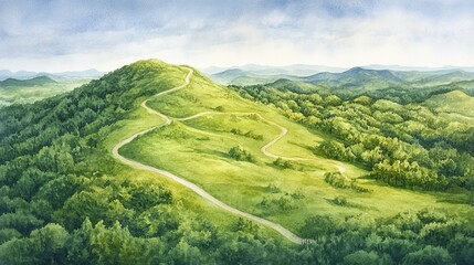 Obraz premium Painting of A serene aerial view of rolling green hills and winding paths under a cloudy sky, perfect for nature or landscape themes.