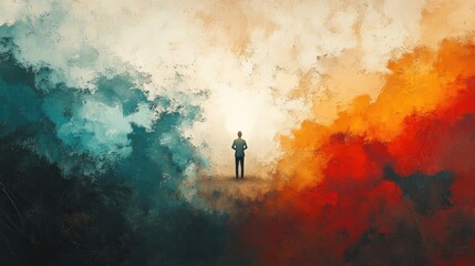 Obraz premium Facing my Faith. Businessman standing in the middle of the abstract splashes of color. 3D rendering.