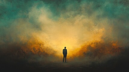 Obraz premium Facing my Faith. Conceptual image of a man standing in the middle of a foggy sky.