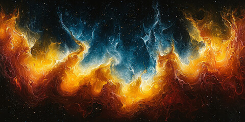 Abstract fiery galaxy with swirling colors and a starry background.