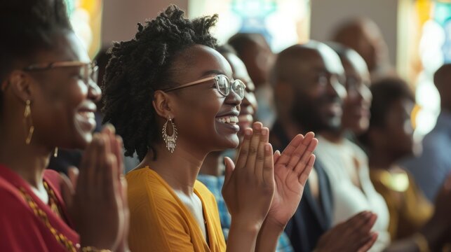 A group of people are clapping and smiling at a woman in a yellow shirt