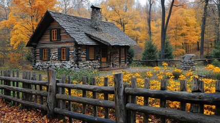 A cozy rustic cabin nestled in an enchanting forest during autumn, showcasing vibrant foliage and surrounded by a charming wooden fence