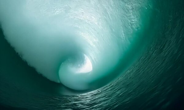 A large wave is crashing into the ocean, creating a powerful and dynamic scene