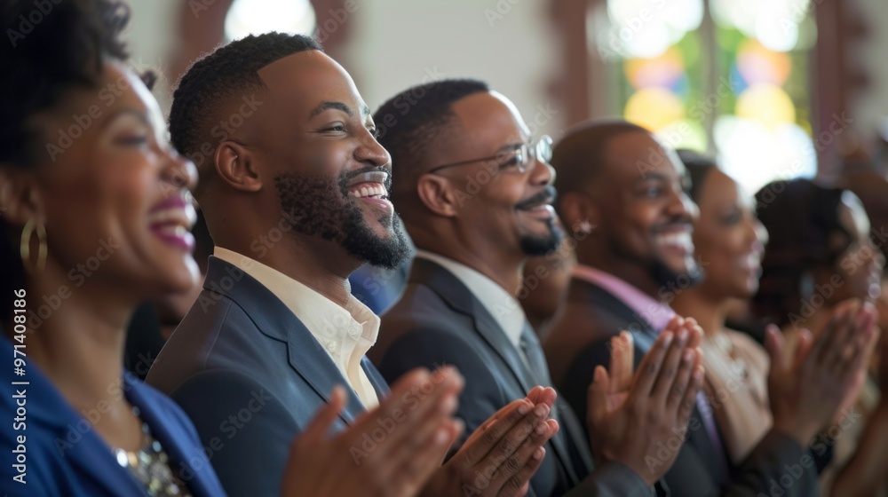 Poster a group of people are smiling and clapping in a church