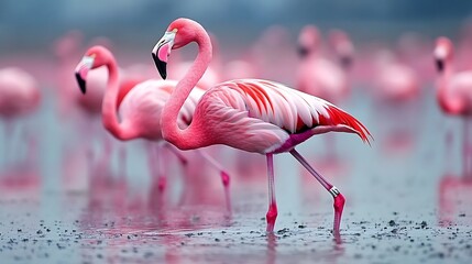 Naklejka premium A flock of flamingos wading in a shallow lagoon, their pink feathers reflecting in the water 