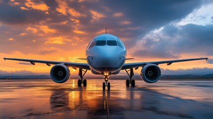 A commercial airplane on the tarmac of an airport preparing for flight with a dramatic sunset sky in the background depicting travel and aviation beauty