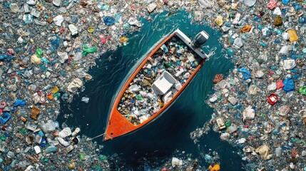 Fototapeta premium Abstract Cubism Art of Boat Sailing Through Plastic Pollution Garbage Patch in Ocean, Top View