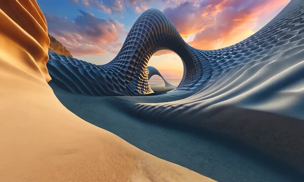 A surreal landscape with a bridge that is shaped like a snake
