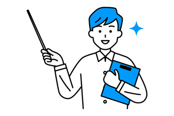 クリップボードと指示棒を持って説明するカジュアルな男性