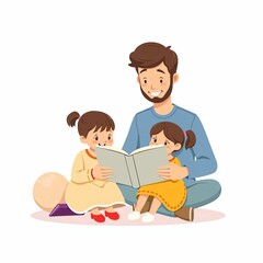 Father reading storybook to two daughters, illustration vector style

