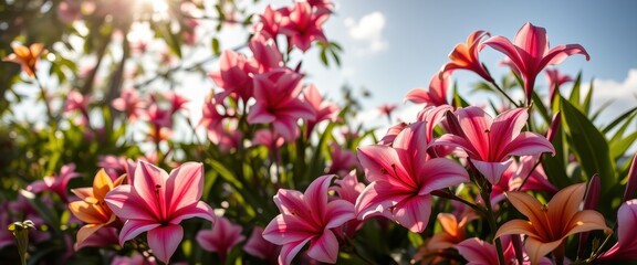 Fototapeta premium Pink and Orange Lilies Blooming in Sunlight