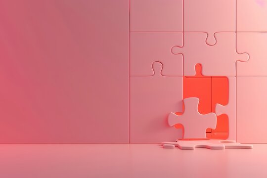 A minimalist scene featuring a pink puzzle wall with a missing piece, symbolizing creativity and problem-solving.
