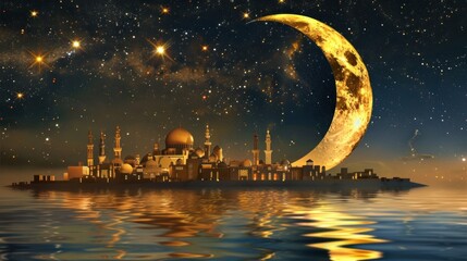 Crescent Moon Over Mosque Cityscape