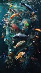 Pollution Crisis: Fishing Net Filled with Fish and Microplastics - Ultra Realistic Environmental Impact Illustration