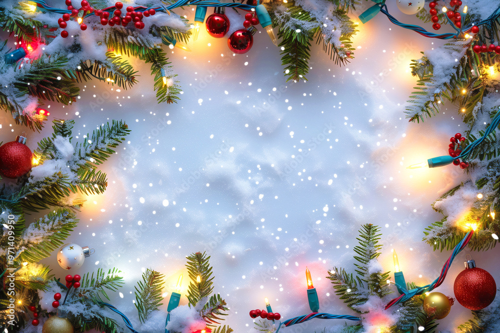 Wall mural christmas and new years background with fir branches and ornaments with string lights in frame and a