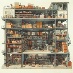 Detailed view of an organized storage facility showcasing shelves, containers, and inventory management in action.
