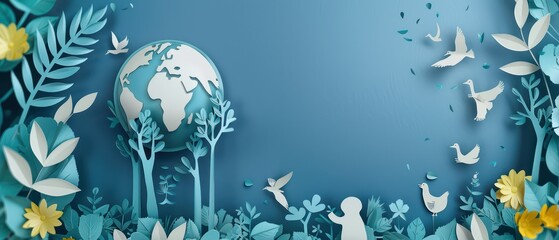A serene paper-cut style illustration of the Earth surrounded by nature, birds, flowers, and a child, evoking environmental awareness.