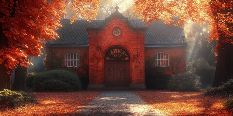 Stunning early morning sunlight filtered through vibrant red autumn leaves showcasing a charming old brick building in a serene forest setting