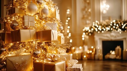 Golden Christmas tree made of beautifully wrapped gift boxes, sparkling under warm lights, symbolizing luxury and festivity.
