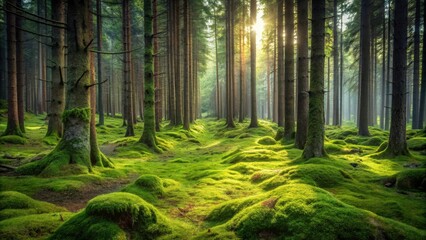 Obraz premium Enchanting coniferous forest with green moss covering the ground, creating a mystical atmosphere