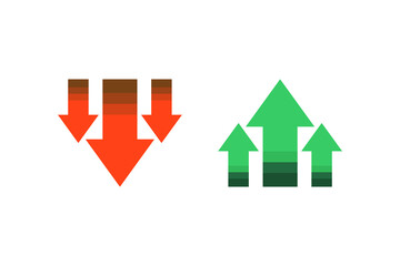 Set of gradient upward green and downward red arrows element. Financial, profit, growth, loss, business concepts. Flat vector isolated design illustration on white background.
