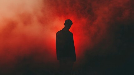 Fototapeta premium Facing my Faith. Silhouette of a man in a dark room with red smoke.