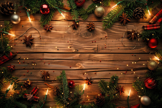 Christmas background with fir branches, decorations and string lights in the frame and an empty space for content on rustic wooden table. Top view