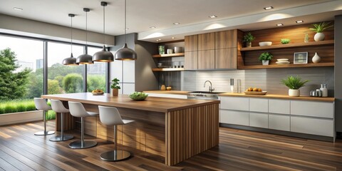Fototapeta premium A modern kitchen featuring a stylish wood counter island