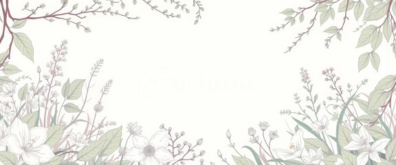 Fototapeta premium White Flowers and Green Leaves Border on a White Background