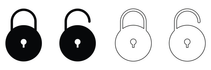 Lock icon collection. Locked and unlocked black line icon set. Flat security symbol. Lock symbol isolated on white background. Padlock symbol. Privacy symbol vector stock illustration. Eps file 73.