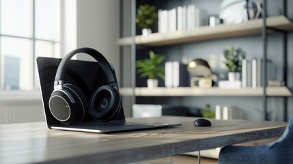 A stylish workspace featuring modern headphones on a laptop, ideal for remote work or creative brainstorming.