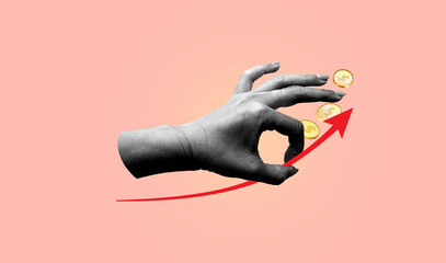 Successful coins and hand hold growth graph. Profitable investment, business concept. Art collage digital pop modern art.