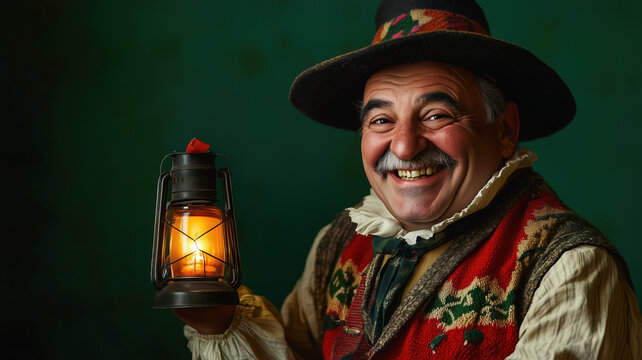 Olentzero with a big grin, dressed in traditional Basque clothing, holding a lantern, standing against a bright green background, celebrating the holiday season.