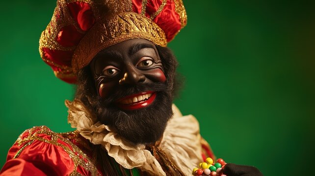 Zwarte Piet with a mischievous smile, holding a small bag of candies, dressed in a vibrant red and gold costume, standing against a bright green background.