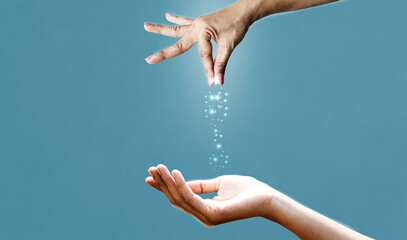 Gesture like handing the object to outstretched hand on sage blue background. Art collage digital pop modern art.