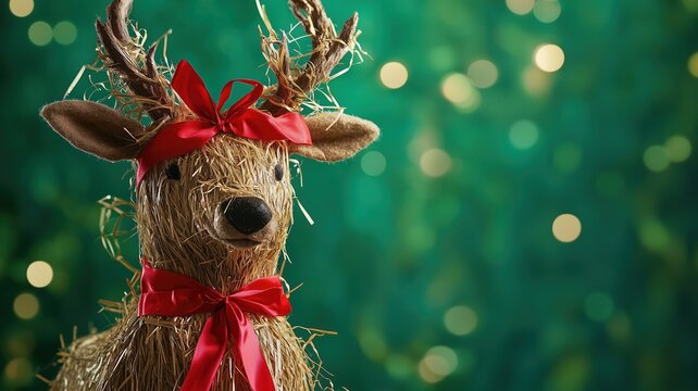 A traditional Julbock made of straw, decorated with bright red ribbons, standing against a vibrant green background, representing Scandinavian Christmas traditions.