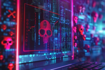 Fototapeta premium A vibrant depiction of cyber threats, showcasing a skull over a digital interface, highlighting the dangers of hacking and malware.