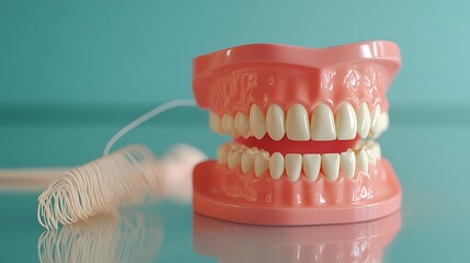 Dental floss positioned next to a set of teeth model on a glossy surface, emphasizing oral hygiene tools