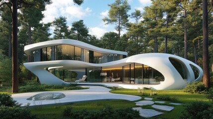 Modern futuristic villa with clean lines in a peaceful forest setting, combining cutting-edge architecture with natural beauty.