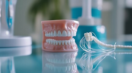 Dental floss positioned next to a set of teeth model on a glossy surface, emphasizing oral hygiene tools