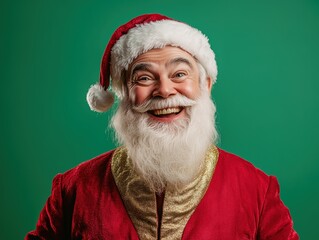 Naklejka premium Babbo Natale with a big smile, dressed in a red suit with gold accents, standing against a vibrant green background filled with festive light bokeh.
