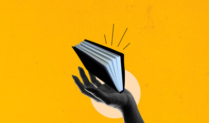 Hand holding open book over yellow background. Art collage digital pop modern art.
