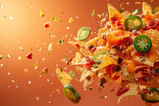 A vibrant explosion of tortilla chips topped with cheese, jalapenos, and fresh ingredients, perfect for snack and food concepts.